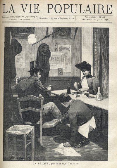 In einem Restaurant, ein Mann und eine Frau sind getrennt und essen zu Abend. Der Servicejunge hockt neben dem Mann und installiert einen heißen Ziegelstein unter seinen Füßen. Illustration von Alfons Maria Mucha (Alphonse Marie Mucha) von Alphonse Mucha