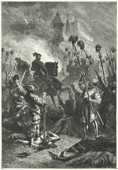 Florian Geyer nach dem Massaker an den Verteidigern der Burg Weinsberg im Deutschen Bauernkrieg von Alphonse Marie de (after) Neuville