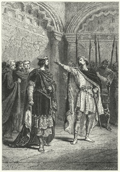 Hugo Capet, König der Franken, und der rebellische Graf Adalbert von Périgord, 987 (Gravur) von Alphonse Marie de (after) Neuville