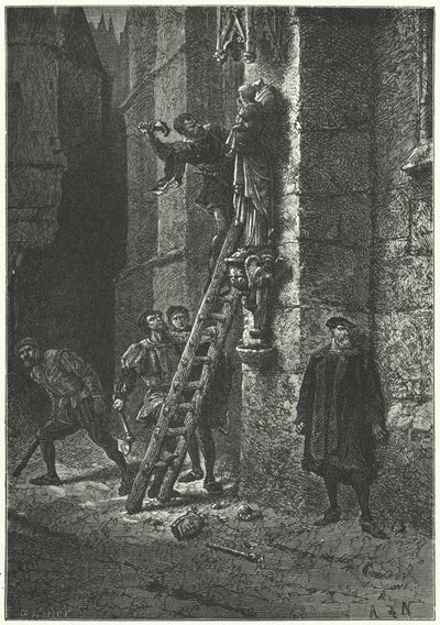 Protestanten zerstören eine Statue der Jungfrau und des Kindes auf Notre Dame, Paris von Alphonse Marie de (after) Neuville