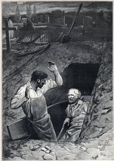 Eine Auferstehung ist fast so erschreckend wie ein Tod: Fauchelevent und Jean Valjean - Illustration von Alphonse de Neuville (1836-1885) für „Les Miserables - Zweiter Teil: Cosette“ von Victor Hugo (1802-1885) 1862 von Alphonse Marie de Neuville