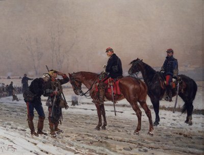 General befragt eine mobile Wache, die einen verletzten Offizier unterstützt, Dezember 1870 von Alphonse Marie de Neuville