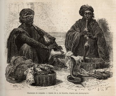 Die Schlangenbeschwörer, die mit Reptilien handeln, die sie durch Blasen in ihre Flöte anziehen, graviert nach der Zeichnung von A. de Neuville, zur Illustration der Reise nach Indien der Rajahs, 1864-1868, von Louis Rousselet, veröffentlicht in „Le tour d von Alphonse Marie de Neuville