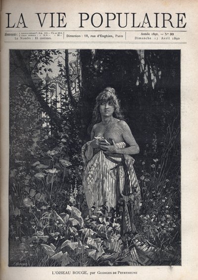 Eine nackte junge Frau, stehend und unfrisiert, bedeckt ihren Körper mit einer Decke, umgeben von Vegetation und Bäumen, die ein schmiedeeisernes Gitter verdecken. Illustration von Alfons Maria Mucha von Alphonse Mucha