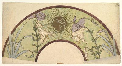 Entwurf für einen Fächer mit Sonnenstrahlen, Lilien und Schwertlilien von Alphonse Mucha