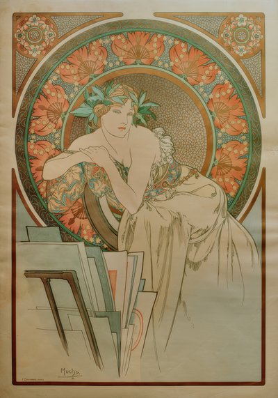 Frau mit Mohnblumen und Graphikmappe von Alphonse Mucha