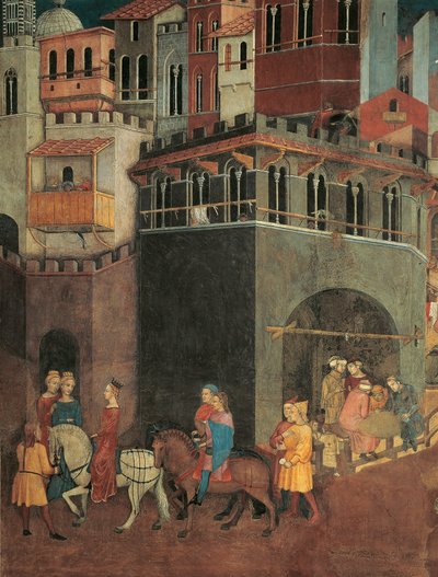 Wirkungen der guten Regierung in der Stadt, Prozession der Adligen auf den Straßen der Stadt (Detail) von Ambrogio Lorenzetti