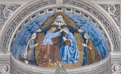 Krönung der Jungfrau Maria mit Gott und dem Heiligen Geist zwischen Francesco und Ludovico Sforza von Ambrogio da Fossano
