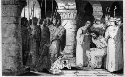 Childerich III. (714-751) wird entthront und in ein Kloster verbannt - Childerich III. wird von Pepin le Bref in ein Kloster in Saint Omer zwischen 742-749 verbannt - Gravur von 1825 in „Histoire de France“ dargestellt durch synoptische Gemälde von Ambroise Tardieu