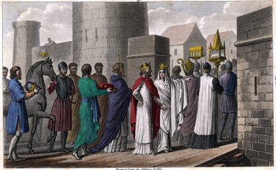 Chilperich, nach dem Mord an Sigebert, betritt Paris in einer Prozession, um nicht den Eid zu brechen, den er abgelegt hatte, nur mit Zustimmung seiner Brüder dorthin zu kommen. Brunehaut (oder Brunehilde), die mit ihrem Sohn Childebert dorthin gegangen wa von Ambroise Tardieu