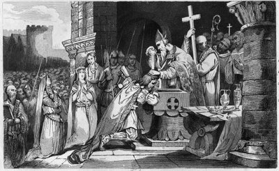 Chlodwig I. (465-511) wird mit Männern aus seiner Armee vor der Schlacht von Tolbiac getauft - Taufe von Chlodwig I., 25. Dezember 496: Der König der Franken (466-511) wird von Saint Remi (437-533), Bischof von Reims, in der Saint Martin Kirche getauft - G von Ambroise Tardieu