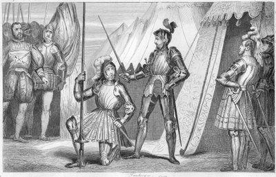 Franz I. von Frankreich bittet den Chevalier Bayard nach dem Sieg in der Schlacht von Marignano, Italien, zum Ritter geschlagen zu werden von Ambroise Tardieu