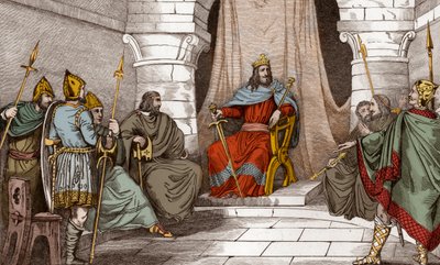 König Charibert (521-567) im Rat mit Magistraten - Charibert oder Cherebert, König von Paris (561-567), hält Räte ab oder spricht Recht - Gravur von 1825 in „Histoire de France represented by synoptic paintings dediee to the children of France and von Ambroise Tardieu