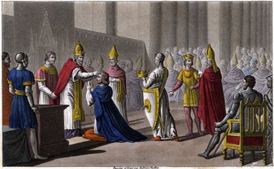 Ludwig II. wurde ein zweites Mal auf dem Konzil von Troyes von Johannes VIII. im Jahr 879 geweiht. Entworfen und graviert von Ambroise Tardieu im Jahr 1825. von Ambroise Tardieu