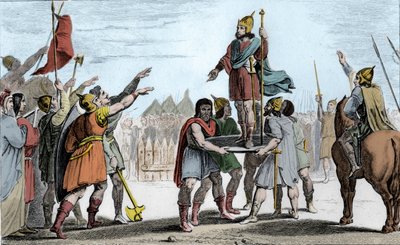 Pharamond I. (ca. 370-427), König der Franken. Auf einem Schild von seinem Volk, das ihn zum König gewählt hat, erhoben - Pharamond, anerkannt von den Franken-Saliern und den Galliern, die zu einem Volk vereint sind, wird auf einem Schild erhoben und geht  von Ambroise Tardieu