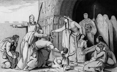 Königin Bathild 626 oder 627 bis 680 gibt den Armen Geld - Batilde (oder Bathilde, Frau von Clovis II) hebt eine Abgabe auf, die die Gallier pro Kopf zahlten, da einige Eltern, die zu arm waren, um zu zahlen, ihre Neugeborenen sterben ließen - Chelles Abbe von Ambroise Tardieu