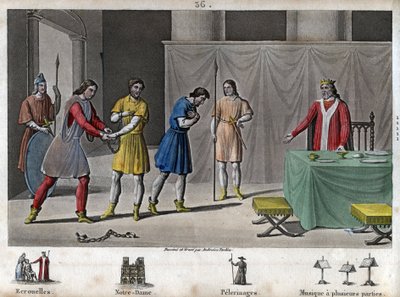 Robert II., der Fromme (970 - 1031) entlässt Verschwörer - Robert II., bekannt als „der Fromme“ (972-1031), Kapetinger-Dynastie. Er wusste, dass zwei Verschwörer zum Tode verurteilt worden waren, ließ sie kommunizieren, behandelte sie gut und entließ sie i von Ambroise Tardieu