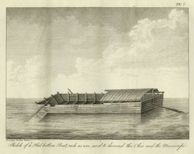 Skizze eines flachen Bodenbootes, wie sie zum Abstieg des Ohio und Mississippi verwendet werden, veröffentlicht 1826 von Ambroise Tardieu