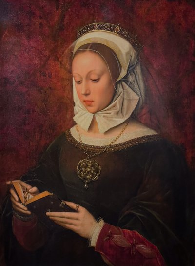 Junge Frau im Gebet, ein Stundenbuch lesend, um 1520-1530 von Ambrosius Benson