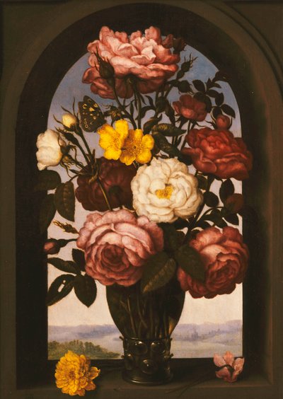 Rosen in einem Römer mit einer Turban-Hahnenfuß und einem Alpenveilchen in einem Fenster, eine Flusslandschaft dahinter von Ambrosius the Elder Bosschaert