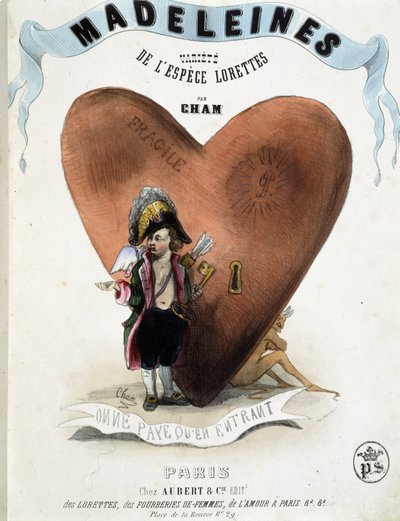 Man zahlt nur beim Eintritt (Karikatur von Amor (Eros) vor einem Herz, das einen Teufel verbirgt) - in "Madeleines" von Cham, ca. 1870-1880 von Amédée de Noé