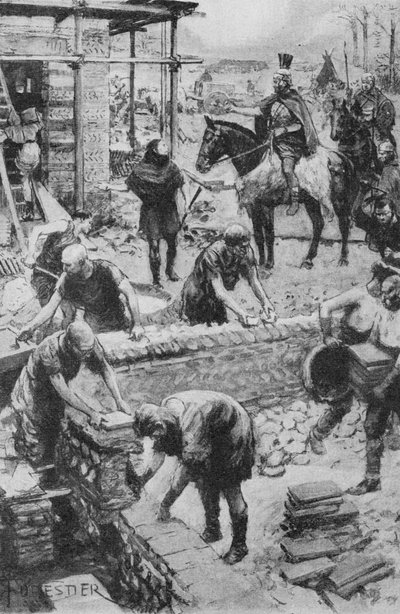 Ein römischer General leitet den Bau eines Gouverneurshauses am Darent, wo die Fundamente noch erhalten sind (Lithografie) von Amedee (after) Forestier