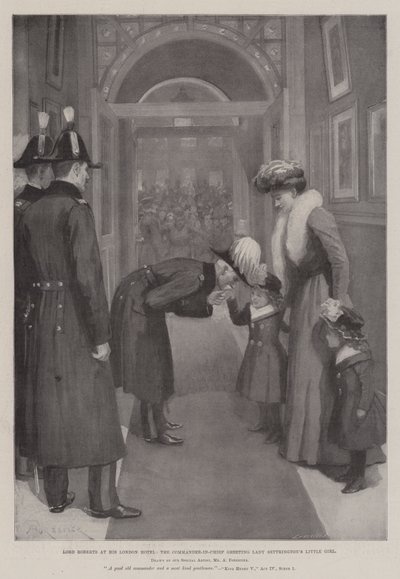 Lord Roberts in seinem Londoner Hotel, der Oberbefehlshaber begrüßt das kleine Mädchen von Lady Settrington von Amedee Forestier