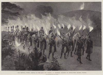 Unsere kaiserlichen Gäste, Ankunft des Zaren und der Zarin in Balmoral, eskortiert von Highlandern mit Fackeln von Amedee Forestier