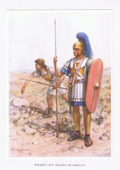 Rorarius und Triarius bei Camillus, Illustration aus Der römische Soldat, 1928 von Amedee Forestier