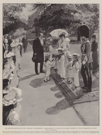 Der Thronfolger und die Kinder von Paddington, Übergabe eines Goldpokals an Prinz Edward von Wales durch Meister Jack Aird von Amedee Forestier