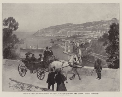 Die Königin in Cimiez, Ihre Majestät kehrt von einer Fahrt auf der Villefranche-Straße zurück, HMS Cambrian liegt vor Villefranche von Amedee Forestier