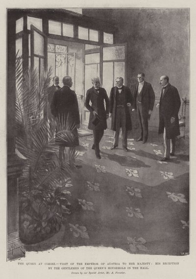 Die Königin in Cimiez, Besuch des Kaisers von Österreich bei Ihrer Majestät, Empfang durch die Herren des königlichen Haushalts in der Halle von Amedee Forestier