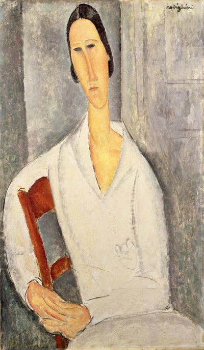 Madame Hanka Zborowska lehnt an einem Stuhl, 1919 von Amedeo Modigliani