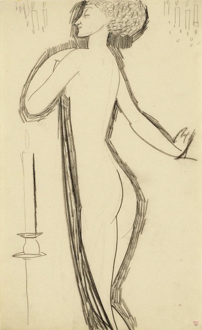 Stehender weiblicher Akt im Profil mit brennender Kerze von Amedeo Modigliani
