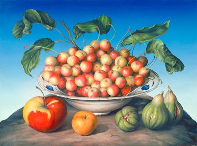 Kirschen in einer Delfter Schale mit rotem und gelbem Apfel von Amelia Kleiser
