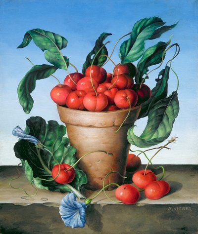 Kirschen in Terrakotta mit blauer Blume von Amelia Kleiser