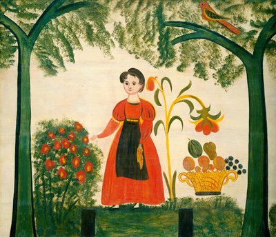 Mädchen in Rot mit Blumen und einem Distelfink von American 19th Century