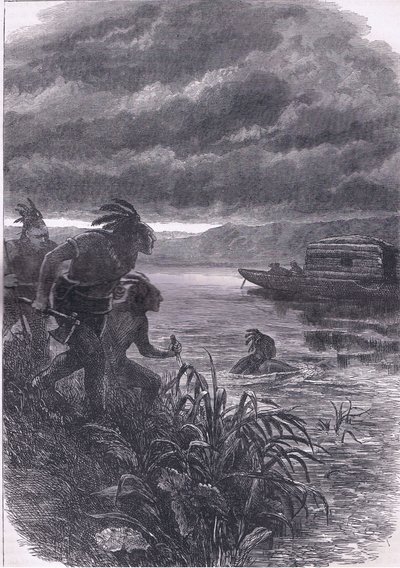 Händler am Ohio von Wilden angegriffen, Illustration aus Cassells Geschichte der Vereinigten Staaten, veröffentlicht von Cassell, Petter & Galpin, um 1900 (Lithographie) von American English school