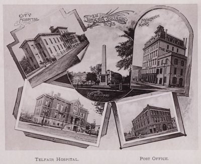 Stadtkrankenhaus; Johnson Square; Greene-Denkmal; Morning News, Telfair Hospital, Postamt (s/w Foto) von American Photographer (after)