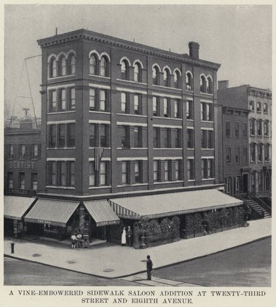 Ein von Weinlaub umranktes Bürgersteigsaloon-Zusatzgebäude an der Twenty-Third Street und Eighth Avenue von American Photographer