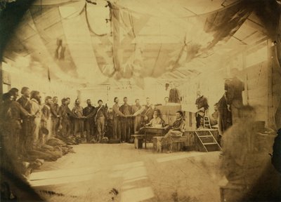 Verwaltung des Treueids der konföderierten Gefangenen, Point Lookout, Maryland, 30. Juni 1865 (Sepia-Druck) von American Photographer