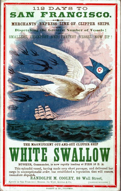 112 Tage nach San Francisco Plakat, das Merchants Express Line of Clipper Ships, White Swallow bewirbt von American School