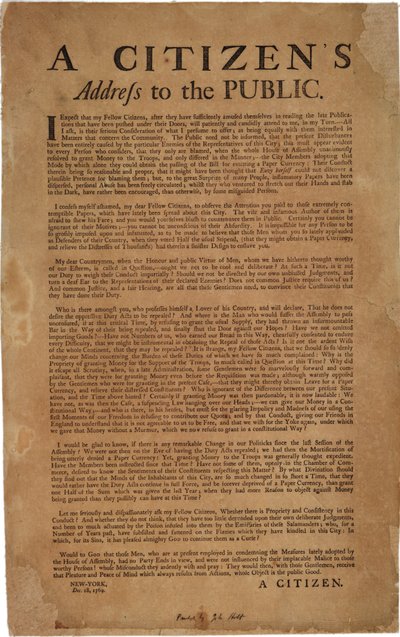 Ansprache eines Bürgers an die Öffentlichkeit bzgl. Unterstützung der königlichen Truppen, 18. Dezember 1769 von American School