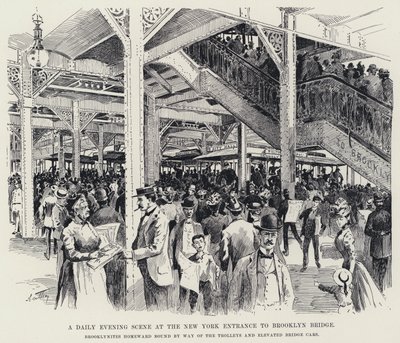Eine tägliche Abendszene am New Yorker Eingang zur Brooklyn Bridge von American School