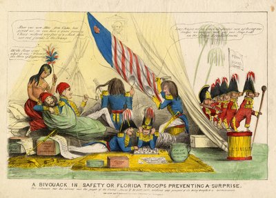 Ein Biwak in Sicherheit, oder, Florida-Truppen verhindern eine Überraschung, veröffentlicht von H R Robinson, New York, ca. 1839 von American School