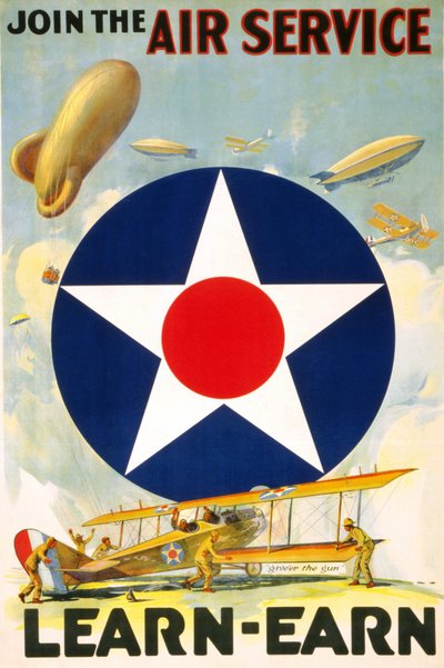 Amerikanisches Plakat „Treten Sie dem Luftdienst bei - Lernen und verdienen.“ Herausgegeben zwischen 1917 und 1920. von American School