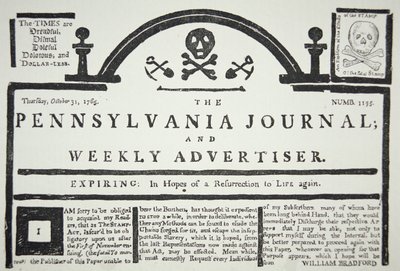 Eine amerikanische Antwort auf das von den Briten auferlegte Stempelgesetz, veröffentlicht in The Pennsylvania Journal and Weekly Advertiser am 31. Oktober 1765 von American School