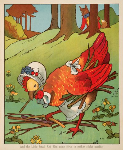 "Und das kleine rote Huhn kam heraus, um draußen Stöcke zu sammeln", aus Peter Rabbit Little Red Hen und Owl and Pussy Cat, veröffentlicht von Charles E. Graham & Co., ca. 1900 (Chromolithographie) von American School