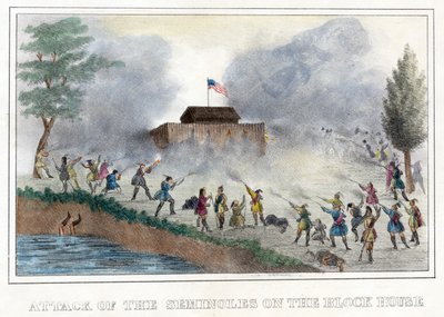 Angriff der Seminolen auf das Blockhaus, veröffentlicht 1836 von American School