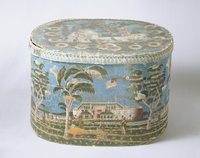 Hutschachtel mit blockbedrucktem Papier, das eine Ansicht eines Schlosses zeigt, ca. 1835 von American School